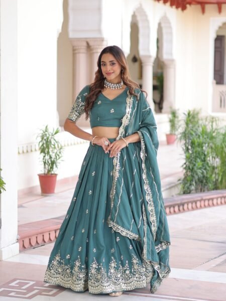 Partywear Green Vichitra Silk Lehenga Set with Heavy Sequins & Zari Embroidery
