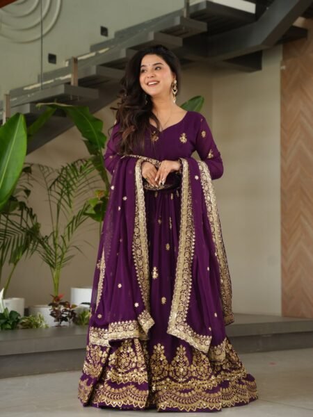 Elegant Purple Blooming Gown with Zari & Sequins Work