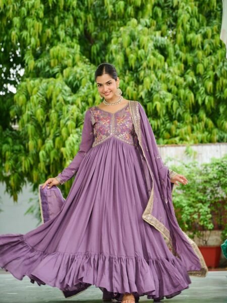 Gorgeous Lavender Vichitra Silk Gown & Dupatta with Zari & Thread Embroidery