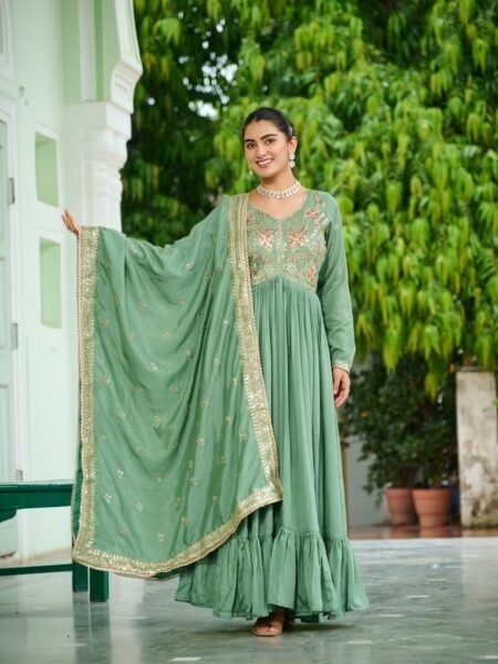 Gorgeous Pista Green Vichitra Silk Gown & Dupatta with Zari & Thread Embroidery (Copy)