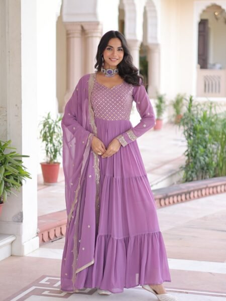 Beautiful Onion Georgette Gown & Dupatta with Sequins & Zari work