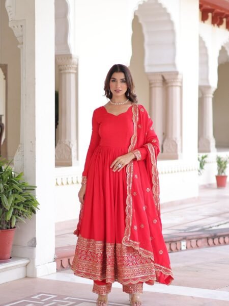 Classy Red Silk Anarkali Set with Sequins Embroidery work
