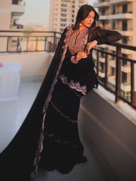 Elegant Black Georgette Kurta Sharara Set with Thread & Sequins Embroidery