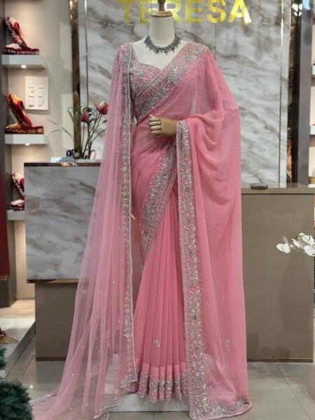 Partywear Georgette Saree & Soft Net Dupatta with Embroidery & Pearl work