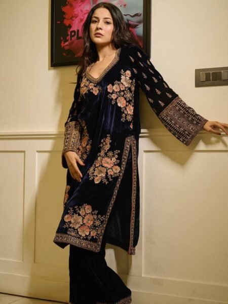 Luxury Navy Blue Velvet Suit Set with Thread & Sequins Work