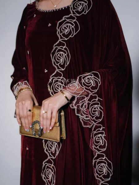 Gorgeous Red Velvet Embroidery Kurta Set with Cutting Border Dupatta