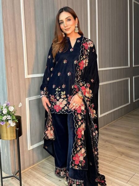 Heavy Velvet 3 Pc Suit with Beautiful Thread Embroidery Work for Parties