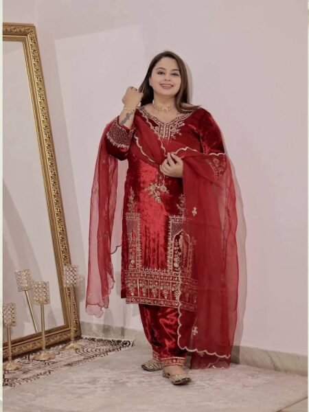 Elegant Sequins Embroidered Ready to Wear 3 Pc Velvet Suit for Winters