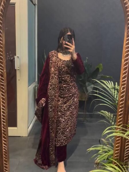 Maroon Velvet Straight Fit with Heavy Chinestitch Work for Weddings
