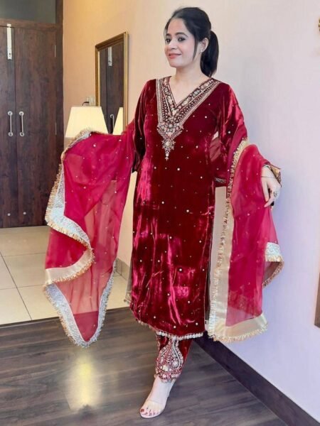 Velvique Thread, Rivet Moti Work Maroon Velvet Suit Collection