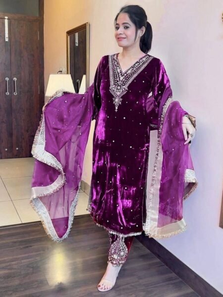 Velvique Thread, Rivet Moti Work Purple Velvet Suit Collection
