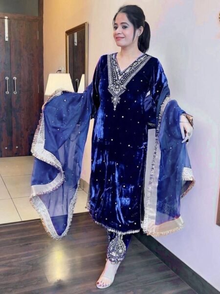 Velvique Thread, Rivet Moti Work Navy Blue Velvet Suit Collection
