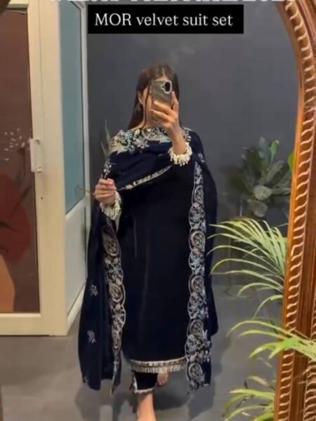 Velora Thread Embroidery & Fancy Lace Work Crown Velvet Ensemble