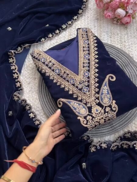 Heer Designer Velvet Suit with Embroidery & Border Work Dupatta