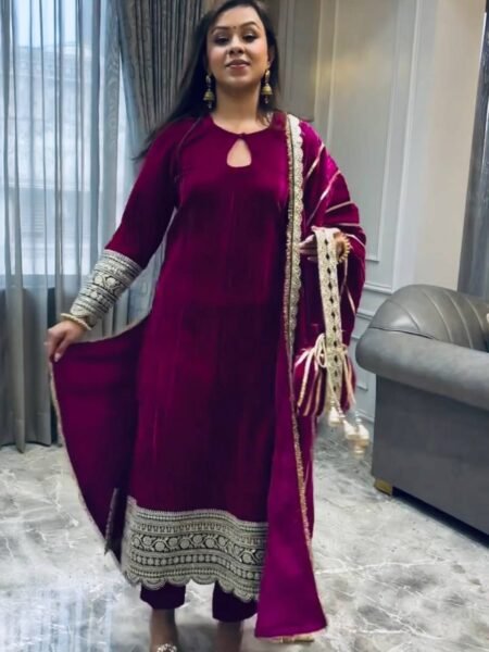 Ethnic Purple Velvet Embroidered Suit Set with Dupatta for Festive Wear