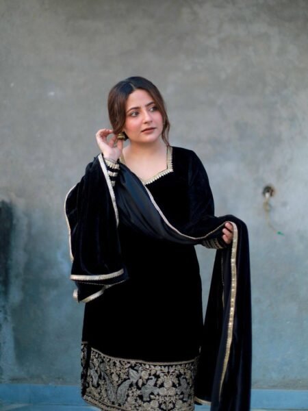 Premium Black Velvet Embroidered Kurta set with Dupatta