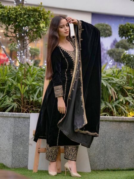 Nazakat Black Viscose Velvet Sequins Embroidered Suit Set with Dupatta