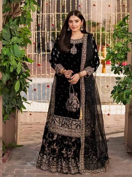 Aafreen Black Velvet sequins Embroidered & Moti work Sharara Suit with Soft Net Dupatta