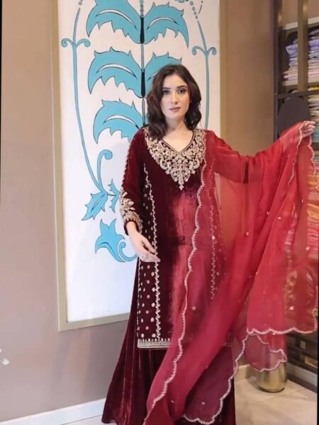 Sangam Maroon Velvet Embroidered Suit with Pant & Georgette Dupatta