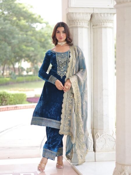 Nazneen Morpich Velvet Sequins & Zari Embroidered Suit Set with Fendy Dupatta
