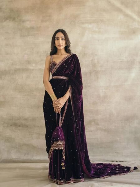 Afsara Velvet Sequins Dori & Thread Work Saree with Matching Blouse & Belt