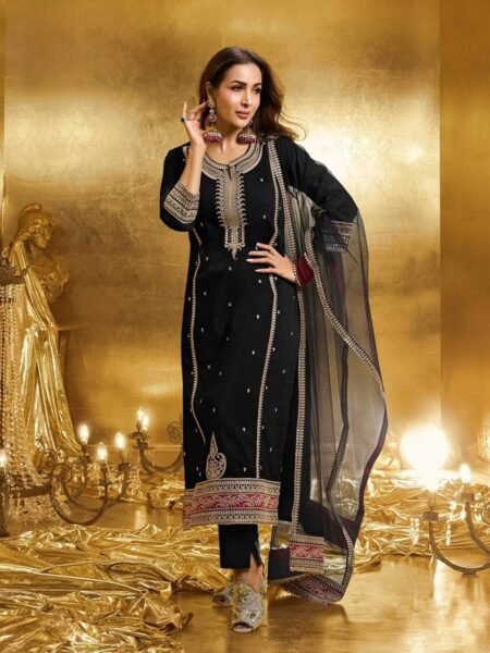 Eshana Georgette Coding Sequins Embroidered Suit with Silk Bottom & Net Dupatta