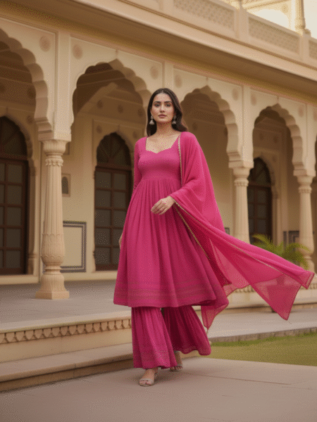 Ethnic Pink Chikankari Anarkali & Sharara Set with Dupatta for Weddings