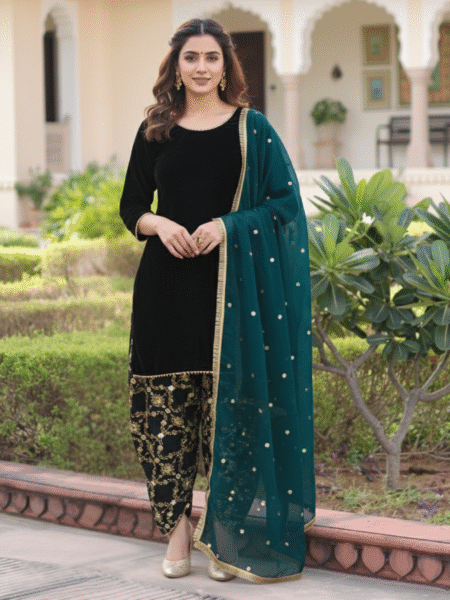 Velvet Gotta Lace Work Short kurta with Zari Embroidered Dhoti & Dupatta