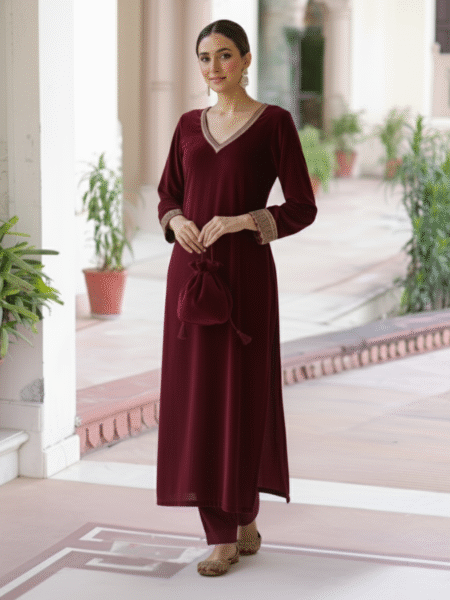 Wine Velvet Pakistani Suit with Beautiful Gotta Lace Work & Potli Bag