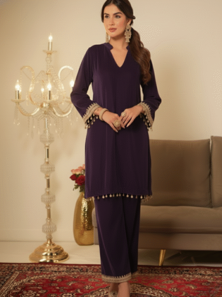 Ethnic Wine Designer 2 Pc Velvet Suit with Beautiful Gotta Lace Work for Parties