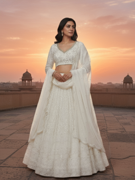 Ethnic Bridesmaids White Lehenga Choli with Heavy Zari Embroidery Work for Wedding