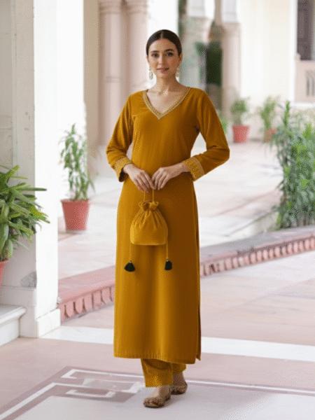 Eid Exclusive Yellow Velvet Pakistani Suit with Gotta Lace Work & Potli Bag