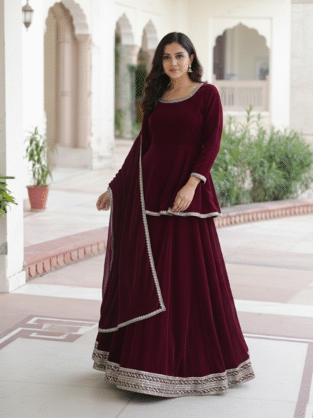 Wine Velvet Ready to Wear Kurta Lehenga Set with Gotta Lace Work