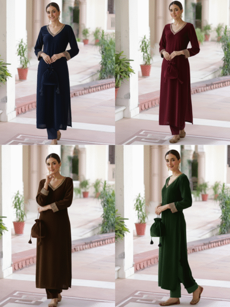 Rahmeena Velvet Pakistani Style Gotta Lace Work Straight Fit with Matching Potli Bag