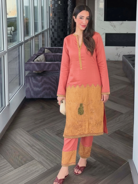 Designer Silk Handwork Peach Straight Kurta with Pant