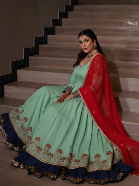 Zariya Mint Festival Anarkali with Navy Brocade Border and Red Sheer Dupatta