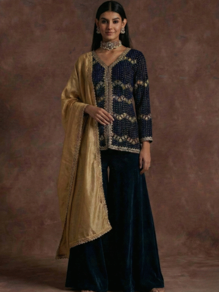 Afsana Velvet Royale Embroidered Sharara Suit Set