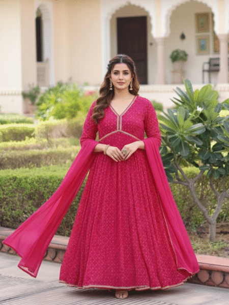 Bhandej Printed Pink Anarkali with Beautiful Gotta Lace Work