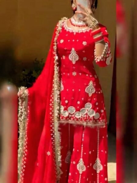 Premium Georgette Red Embroidery Sequins & Pearl Work Kurta Palazzo set with Dupatta