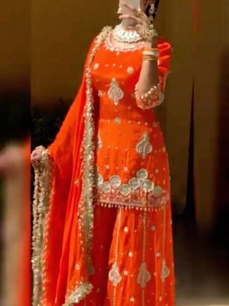 Premium Georgette Orange Embroidery Sequins & Pearl Work Kurta Palazzo set with Dupatta