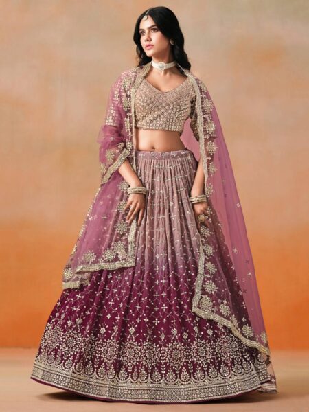 Niara Digital Print Georgette Lehenga with Heavy Sequins & Net Dupatta in Onion Color