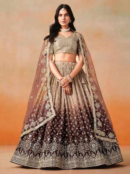 Niara Digital Print Georgette Lehenga with Heavy Sequins & Net Dupatta in Brown