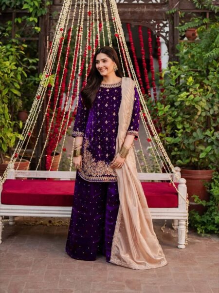 Naazish Designer Purple Viscose Velvet Embroidered Suit Set