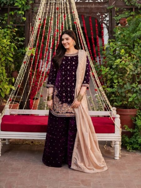 Naazish Designer Wine Viscose Velvet Embroidered Suit Set
