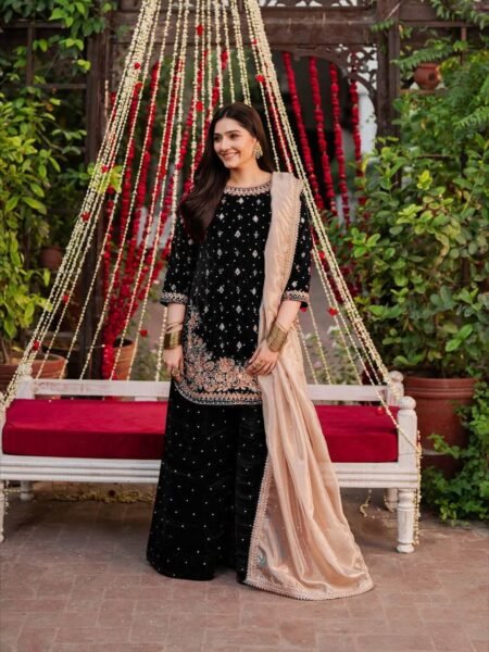 Naazish Designer Black Viscose Velvet Embroidered Suit Set