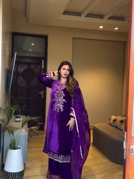 Amodini Velvet Coding Sequins Embroidered Kurti with Palazzo & Organza Dupatta