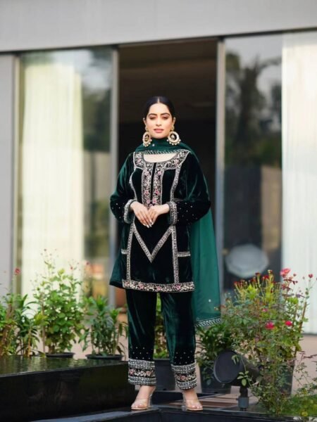 Aarinya Velvet Sequins Embroidered Top & Pant with Georgette Dupatta