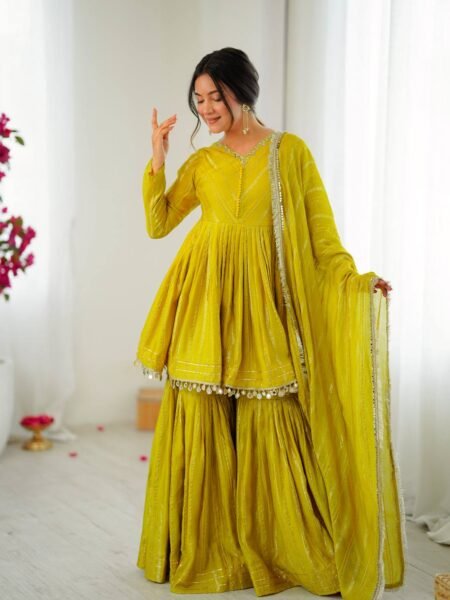 Graceful Green Chanderi Mirror Work Sharara Set