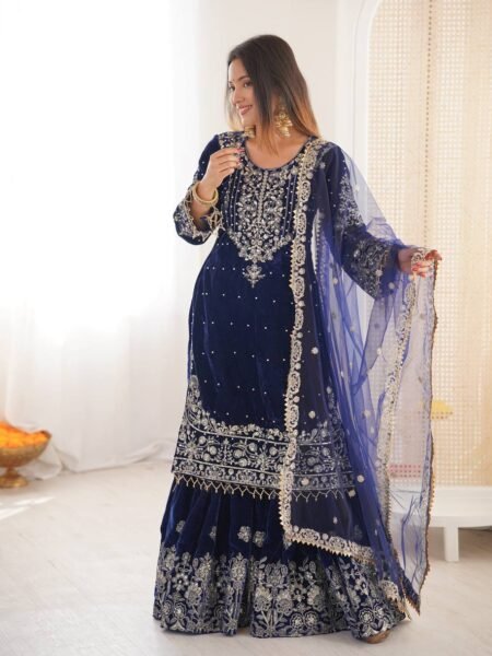 Pranvi Velvet Cording Heavy Sequin & Pearl Work Sharara Set with Net Dupatta