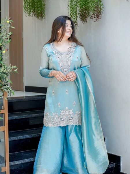 Reyani Sky Blue Silk Sequins Embroidered Suit with Palazzo & Lace Dupatta
